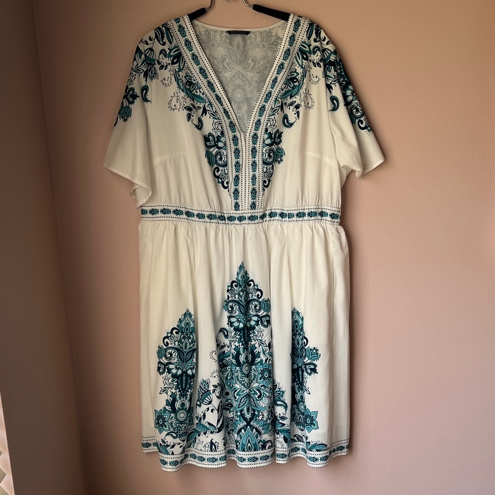 BloomChic White and Teal Embroidered Dress
